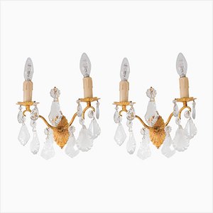 Lámparas de pared francesas vintage de latón y cristal, años 30. Juego de 2
