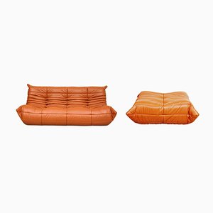 Togo 3-Seater Sofa and Pouf in Cognac Classic Leather by Michel Ducaroy for Ligne Roset, 1970s, Set of 2