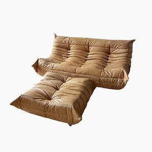 Camel Togo 3-Seater Sofa and Pouf by Michel Ducaroy for Ligne Roset, 1970s, Set of 2