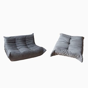 Pouf Togo in microfibra grigio e divano a due posti di Michel Ducaroy per Ligne Roset, set di 2