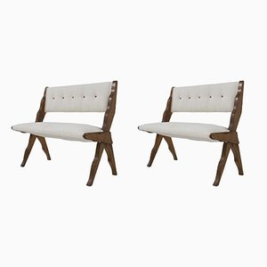 Set of Mid-Century Italian Wood and Bouclé Benches, 1950s