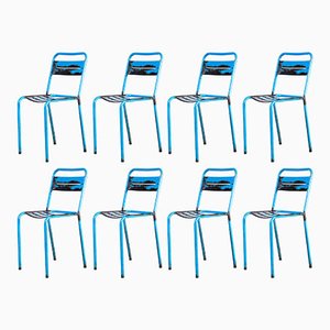 French Stacking Outdoor Chairs in Blue Metal from Tolix, 1950s, Set of 8