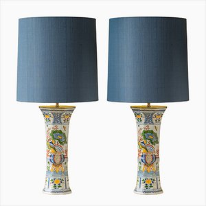 Lámparas de mesa chinas grandes con pantallas tailandesas de seda azul de Delft Boch Frères Keramis. Juego de 2