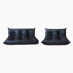 Black Leather Togo 2-Seat & 3-Seat Sofas by Michel Ducaroy for Ligne Roset, 1970s, Set of 2