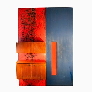 Console Murale Mobile en Bois avec Armoire de Bar Décorée avec Boiserie, Italie, 1958