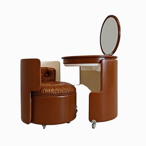 Coiffeuse avec Fauteuil Dilly Dally en Cuir Marron par Luigi Massoni pour Frau, 1970s, Set de 2