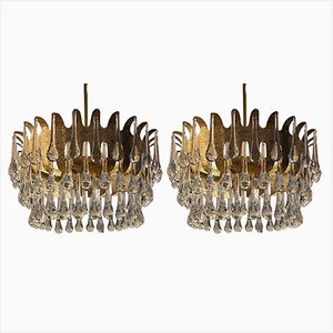 Vergoldete Wasserfall Kristallglas Kronleuchter von Palwa, 1960er, 2er Set