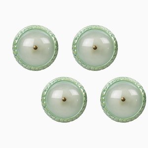 Green Iridescent Ceramic, Optical Glass & Brass Flush Mounts or Wall Lamps, 1950s, Set of 4