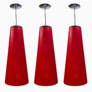 Lámparas colgantes italianas grandes de vidrio rojo, años 70. Juego de 3