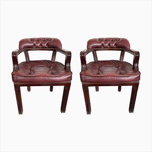 Sillas de oficina vintage de cuero y madera burdeos. Juego de 2