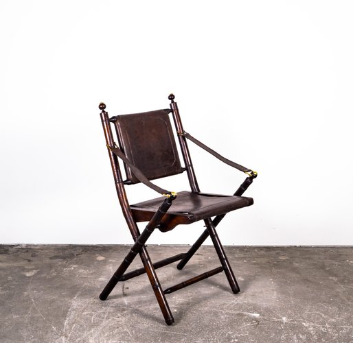 Folding Chair in Mahogany, Faux Bamboo, Leather and Brass