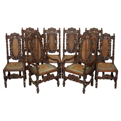 Carved Jacobean Throne Dining Chairs with Hand Painted Embossed Leather Seats Set of 8