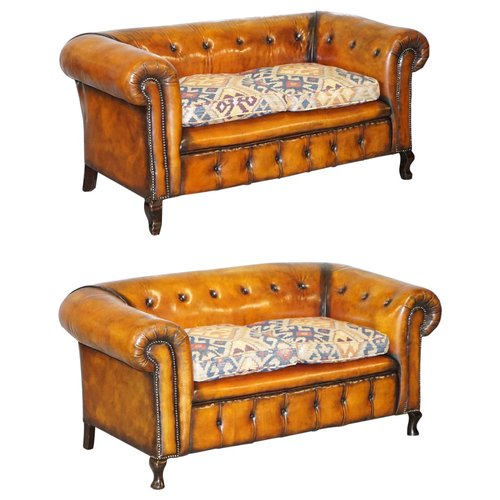 Set of Victorian Leather Chesterfield Club Sofas with Kilim Seats