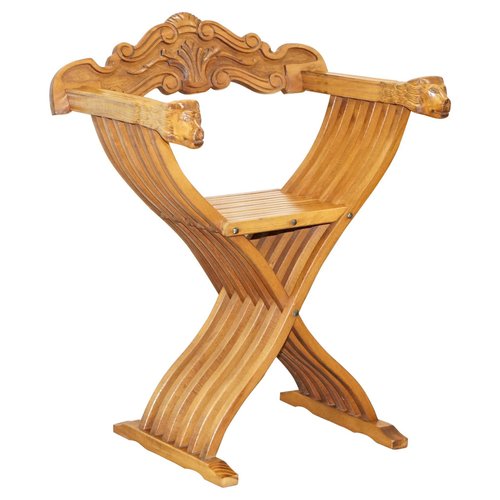 Decorative Folding Savonarola Armchair with Lion Head Carved Arms