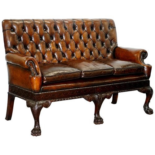 Victorian Georgian Irish Brown Leather Chesterfield Sofa with Lion Hairy Paw Feet