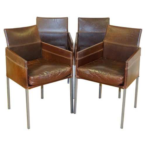 Vintage Brown Leather And Steel Dining, Vintage Brown Leather Dining Chairs