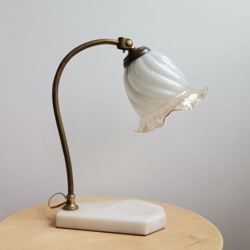 Art Nouveau French Brass Glass, Extra Wide Table Lamp