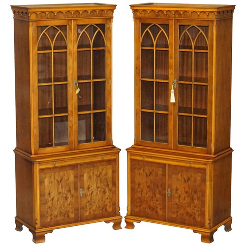 Vintage Burr Yew Wood Glazed Door, Antique Mission Bookcase Cabinet