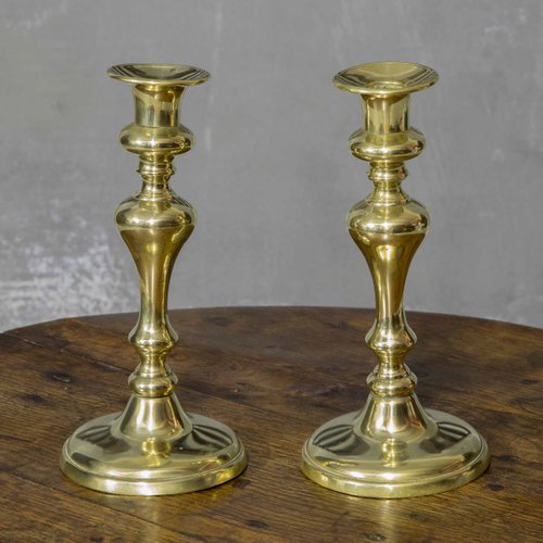 Early 20th Century Victorian Antique Brass Push Style Candlesticks - a Pair