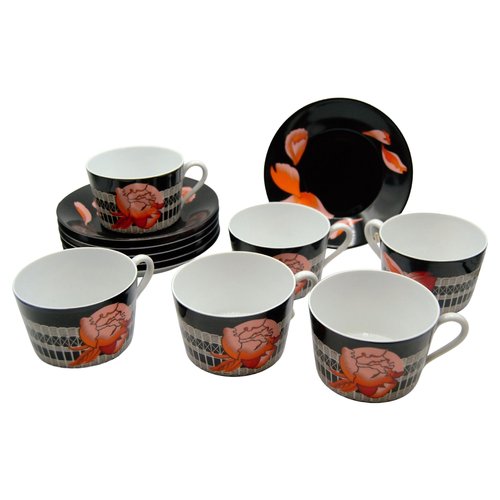 Pivoines Peonies Porcelain Service of Tea or Chocolate Cups from