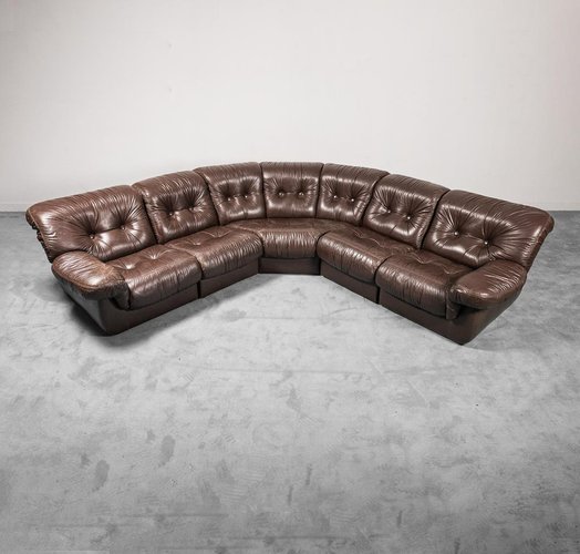 Modular Sofa In Brown Leather 1970s, Manwah Leather Sofa