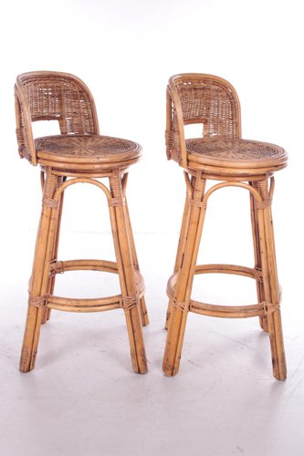 Vintage Rattan Swivel Bar Stool Set, Rattan Bar Stool Chairs