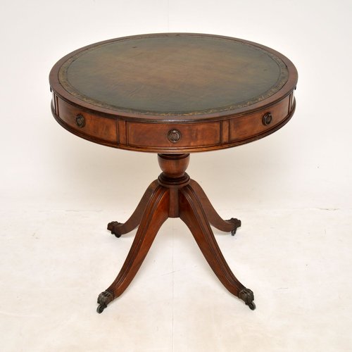 Antique Regency Style Leather Top Drum, Antique Leather Top Round Table