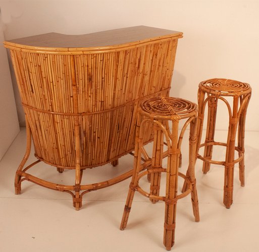 Mid Century Bamboo Cocktail Bar and Stools Spain 1960s Set of 3