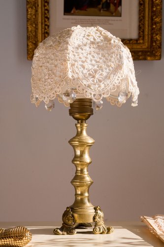 Vintage Brass Base Lamp with Hand Sewn Organza Friezes and Pearls Lampshade for sale at Pamono