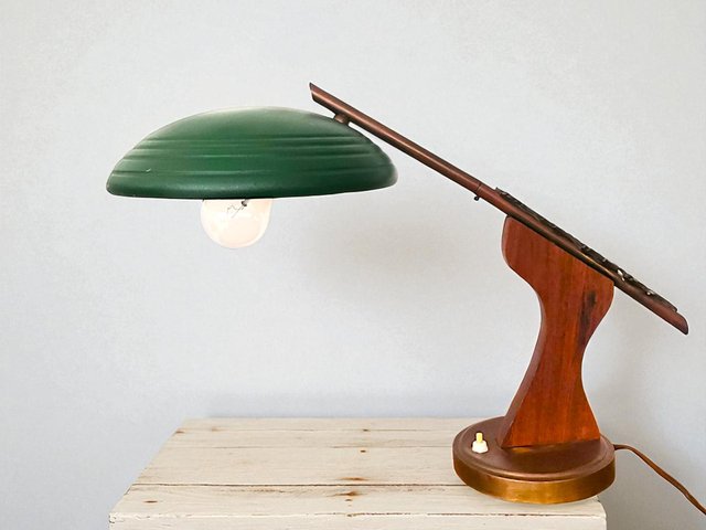 Mid-Century Modern Brown Wood & Green Metal Desk Table Lamp, 1950s