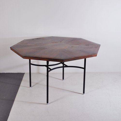 Inlaid Hexagonal Wooden Table with Tubular Metal Base 1960s for
