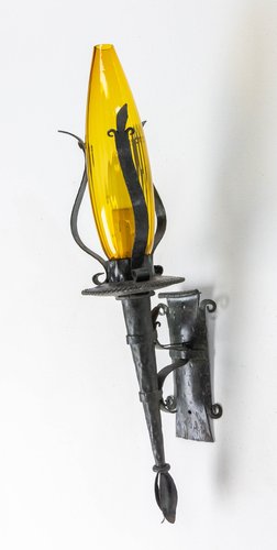 Lampe De Porche Extérieur Vintage En Verre Coloré Ambré - Style Lanterne Français Milieu De Siècle - Occasion