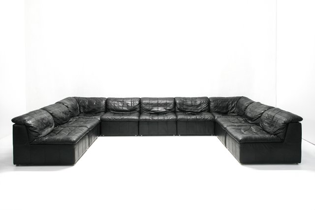 Black Leather Patchwork Modular Element, Black Leather Modular Sectional Sofa