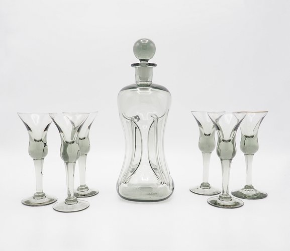 Decanter and Cordial Glasses in Grey Smoked Glass from Holmegaard
