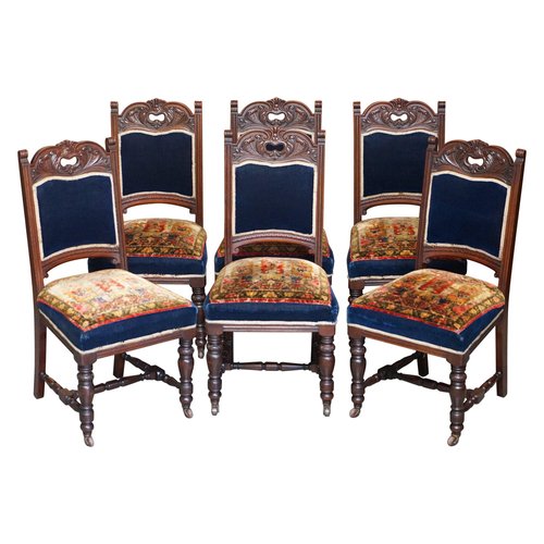 Napoleonic Blue Dining Chairs with Kilim Rug Upholstery Set of 6