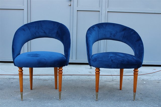 Italian Blue Cobalt Velvet Maple Brass Bedroom Chairs 1950s Set of 2