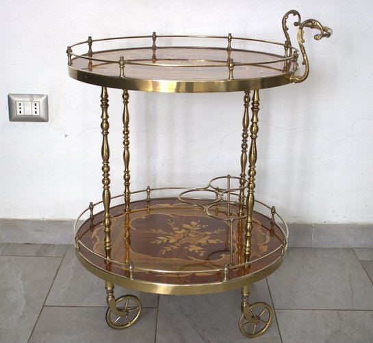 Italian Brass & Inlaid Drinks Trolley, 1950s for sale at Pamono