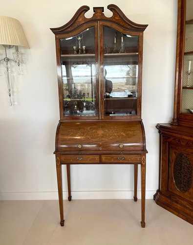 Antique Victorian Mahogany Inlaid, Antique Glass Bookcase With Drawers