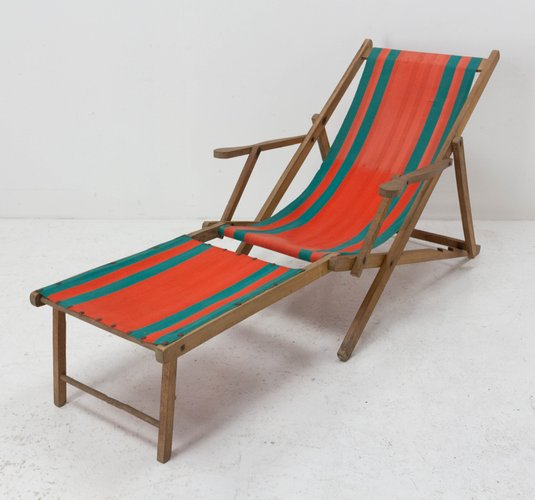 French Beech Fabric Folding Deck Chair for sale at Pamono