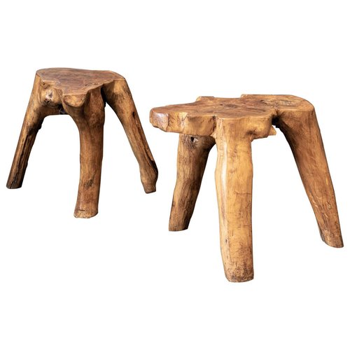 English Primitive Teak Root Side Tables, Teak Root Bar Table And Stools