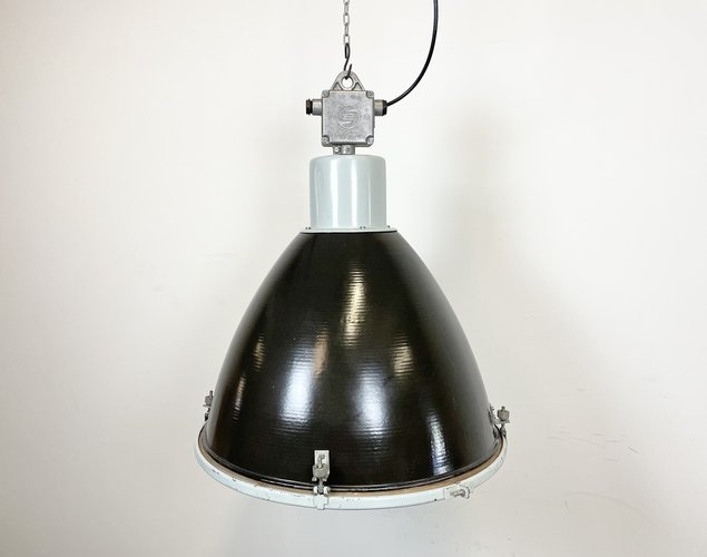 Large Industrial Black Enamel Factory Ceiling Lamp With Glass Cover From Trosvit 1960s For At Pamono Black Enamel Factory Ceiling Lamp, Industrial Metal Lamp Shades Uk