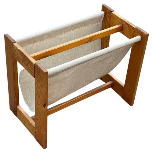 Vintage Pine & Canvas Magazine Rack, Denmark, 1970s for sale at Pamono