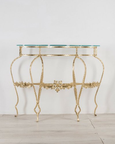 Vintage Gilt Iron Glass Console Table, Iron Console Table With Glass Top