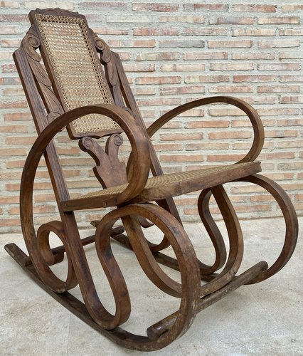 20th Century Art Deco Bentwood Rocking Chairs with Reed Seats Set of 2