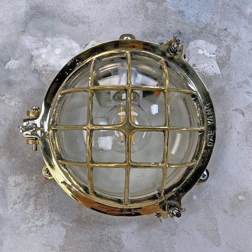 Cast Brass Circular Bulkhead Wall Light with Cage and Glass Shade by  Daeyang, 1980s for sale at Pamono