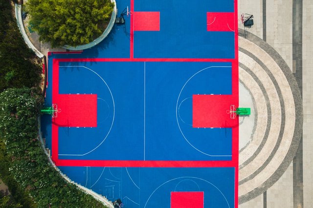 Immagini di una prospettiva aerea, campo da basket, fotografia in