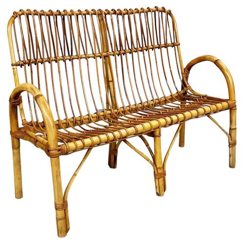 Italian Mid Century Modern Rattan Bench, Outdoor Rattan Bench With Back