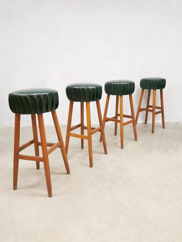 Green Spirit Bar Stools In Skai Leather, Wooden Bar Stools With Leather Seats