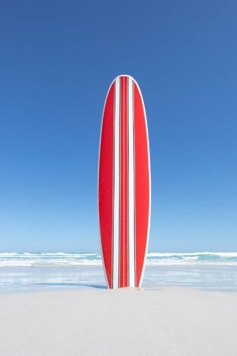 John White Red and White Striped Retro Surfboard with the Ocean in the Background Photographic Paper