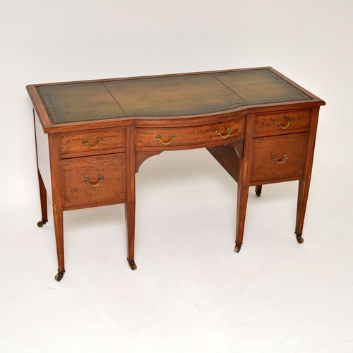 Antique Edwardian Inlaid Satin Wood, Vintage Wooden Desk With Leather Top